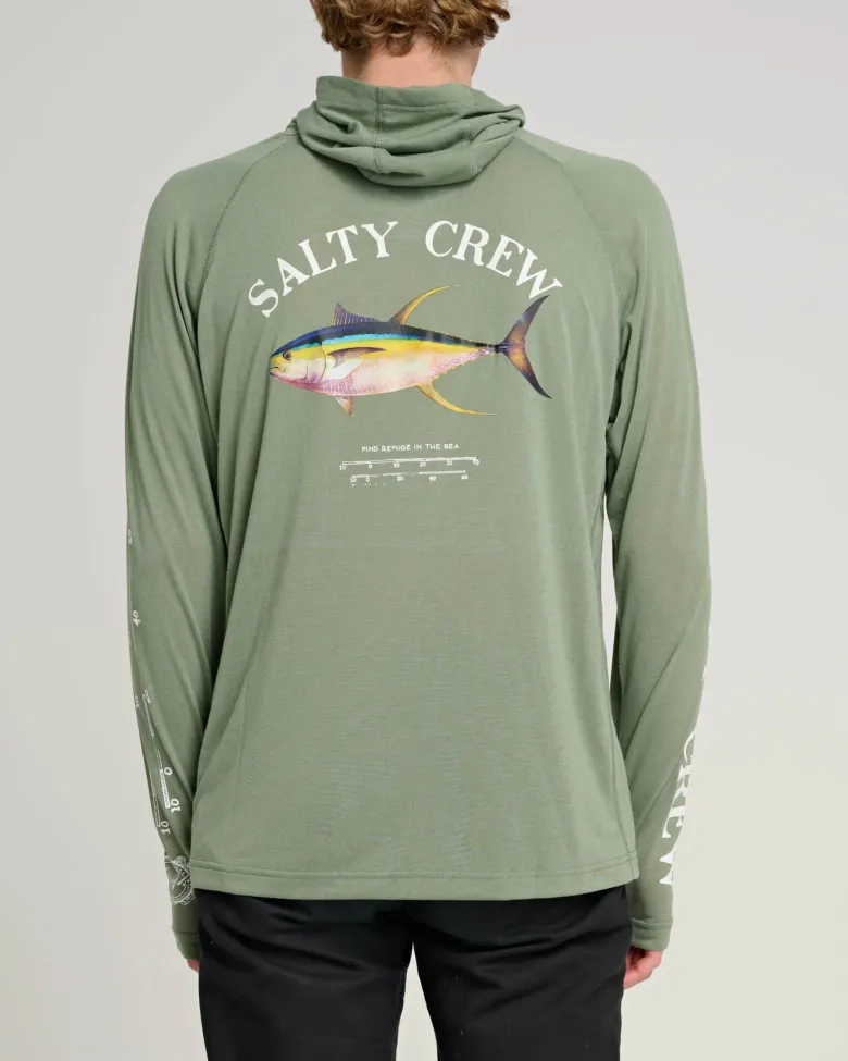 Salty Crew Long Sleeve Shirts Mens|Flies<Ahi Mount Hooded Sunshirt Sage Green
