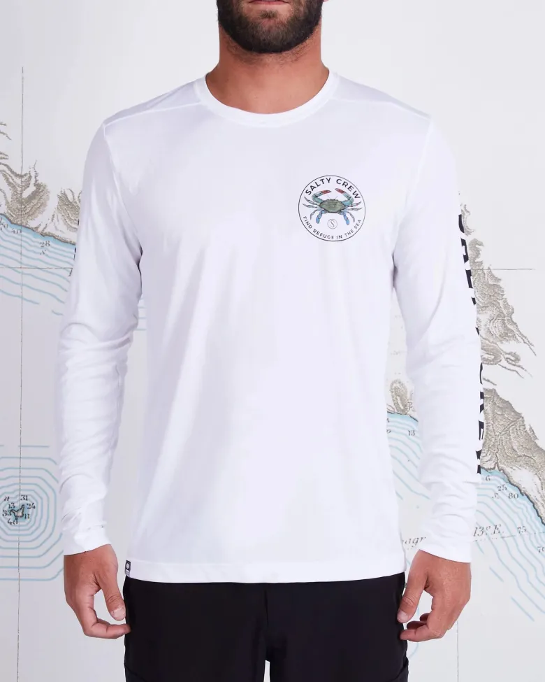 Salty Crew Long Sleeve Shirts Mens|Flies<Blue Crabber LS Sunshirt White