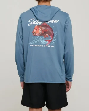 Salty Crew Long Sleeve Shirts Mens|Flies<Snapper Hood Sunshirt Dark Slate